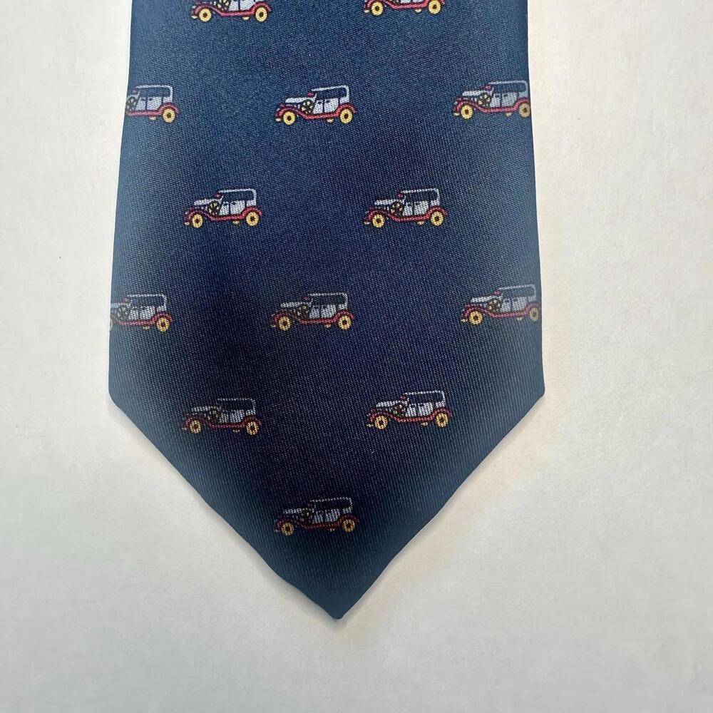 Vintage Antique Car Lillian Vernon Patterned Blue Silk Classic Tie